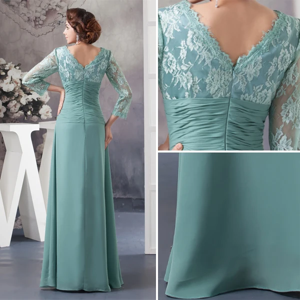 Elegant V Neck Lace Sleeves Pleated Long Dress Mother Of The Bride Dresses