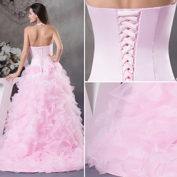 2015 Luxury Ball Gown Halter Handmade Flowers Ruffles Organza Pink Prom Dress