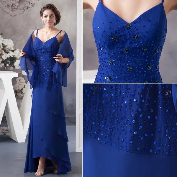 2015 Elegant A-line V Neck Spaghetti Straps Beading Cascading Ruffles Mother Of The Bride Dress With Shawl