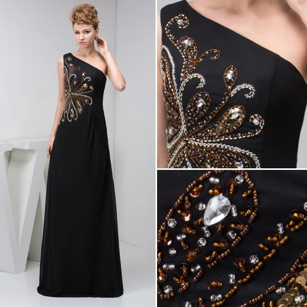 Eleganta En-line Ena Axeln Beading Långklänning Svart Aftonklänningar