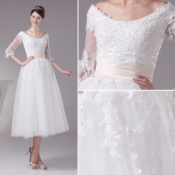 Charming Ball Gown Scoop Neck Lace Sleeves Tea Lenght Wedding Dress Short Bridal Gown