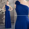 Elegant One Shoulder With Handmade Flower Pleated Long Dress Blue Bridesmaid Dresses