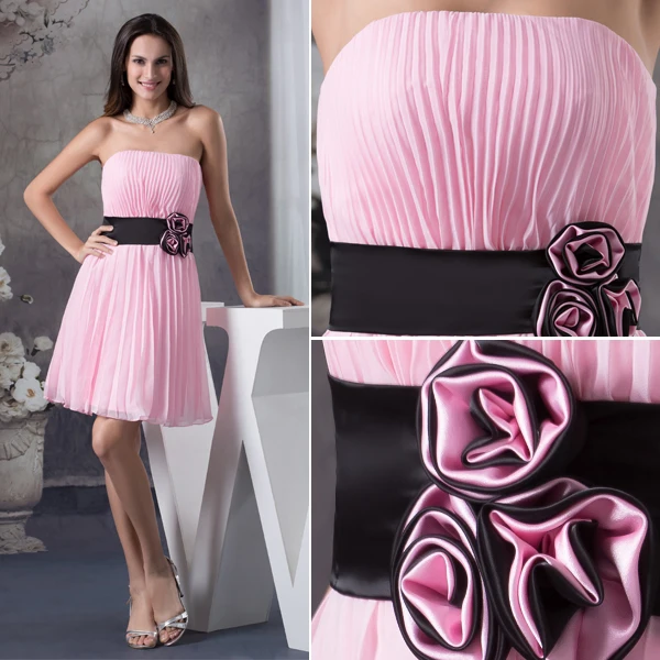 Cute Strapless Pleated Pink Party Dress Black Sash With Handmade Flowers Simple Cocktail Dress