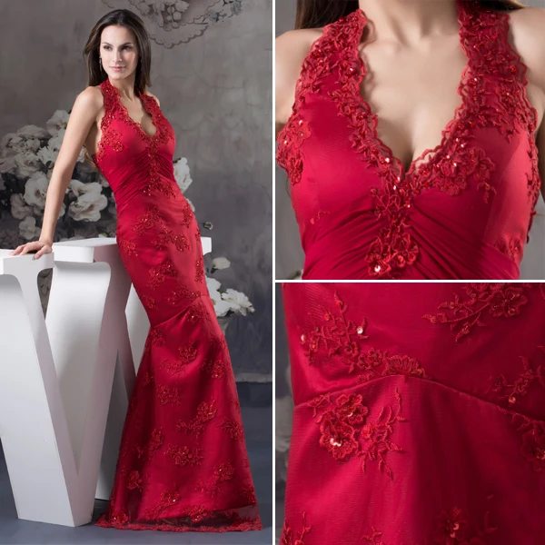 2015 Unique Mermaid Halter V-neck Appliques Prom Dress Red Evening Dress