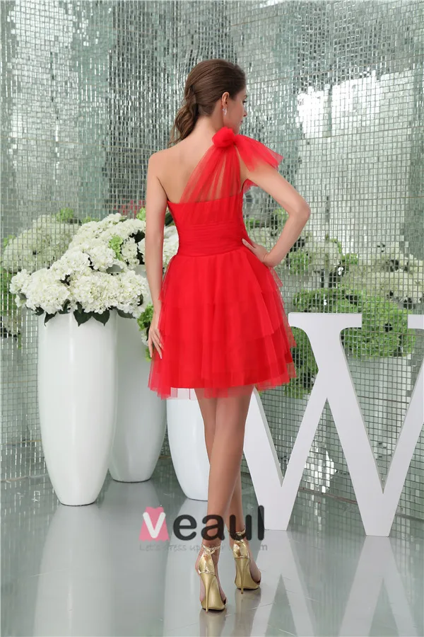 2015 Red Tulle One-shoulder Ruffles Short Cocktail Dress