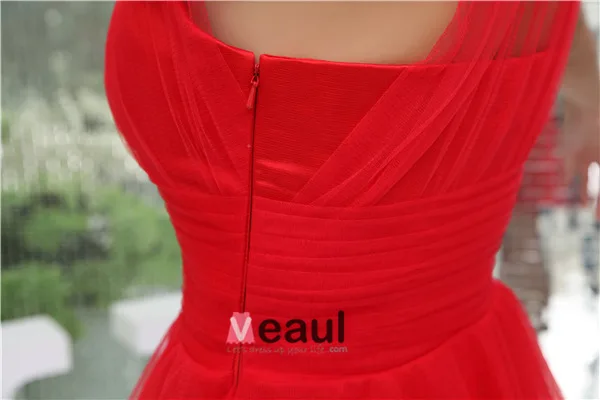 2015 Red Tulle One-shoulder Ruffles Short Cocktail Dress