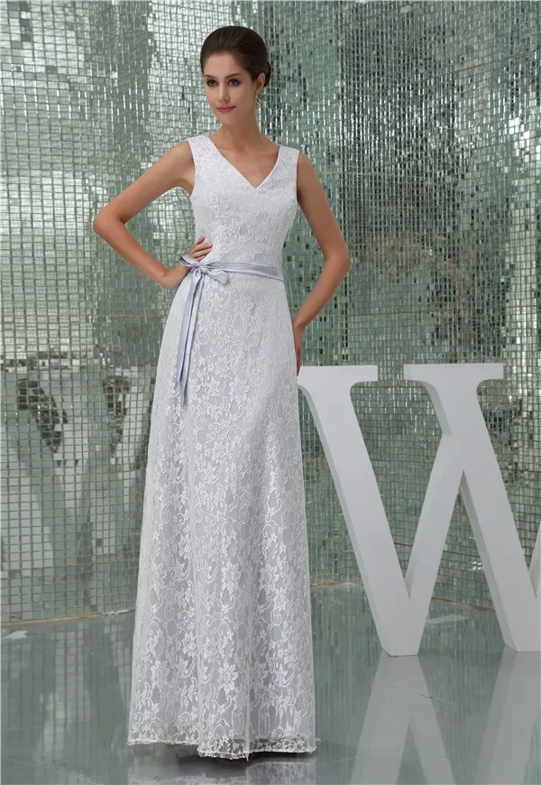 Beautiful White Lace V Neck Bow Sash Long Bridesmaid Dress