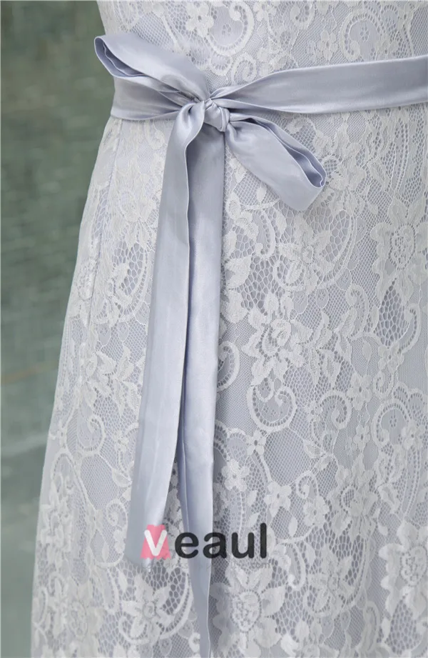 Beautiful White Lace V Neck Bow Sash Long Bridesmaid Dress