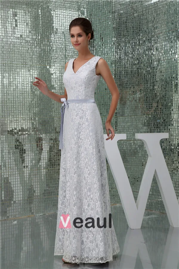 Beautiful White Lace V Neck Bow Sash Long Bridesmaid Dress