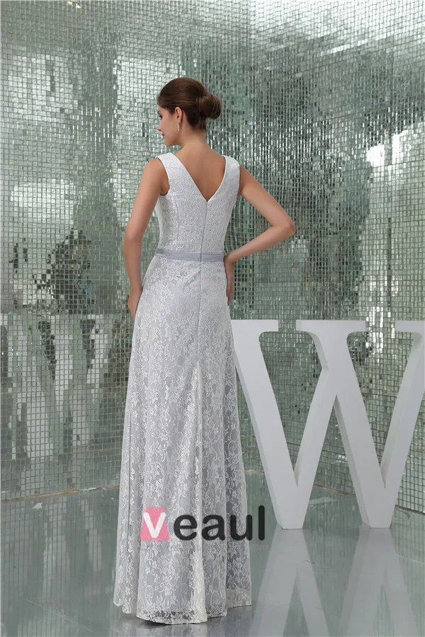 Beautiful White Lace V Neck Bow Sash Long Bridesmaid Dress