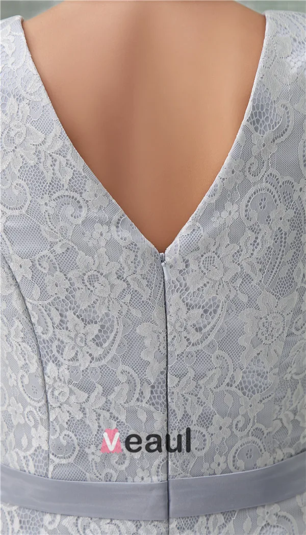 Beautiful White Lace V Neck Bow Sash Long Bridesmaid Dress
