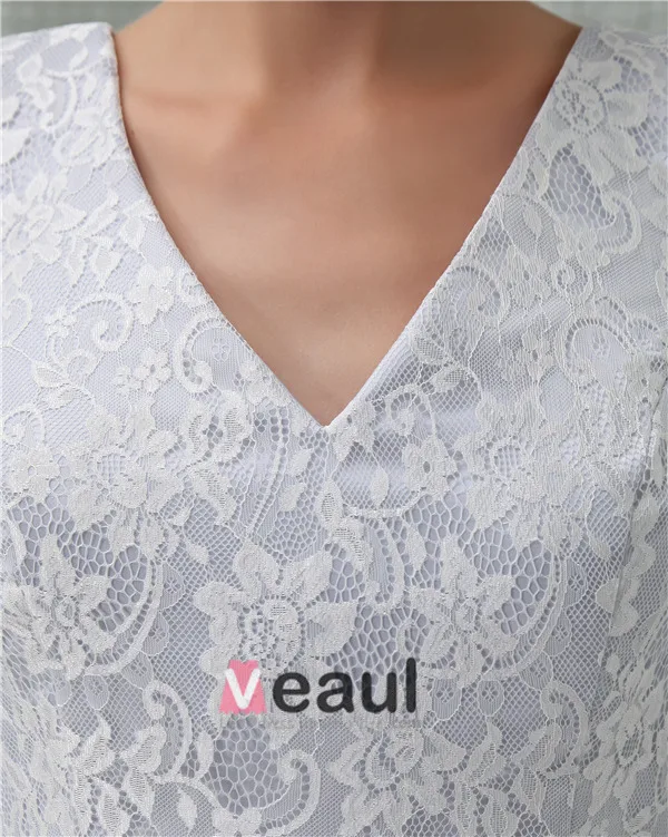 Beautiful White Lace V Neck Bow Sash Long Bridesmaid Dress