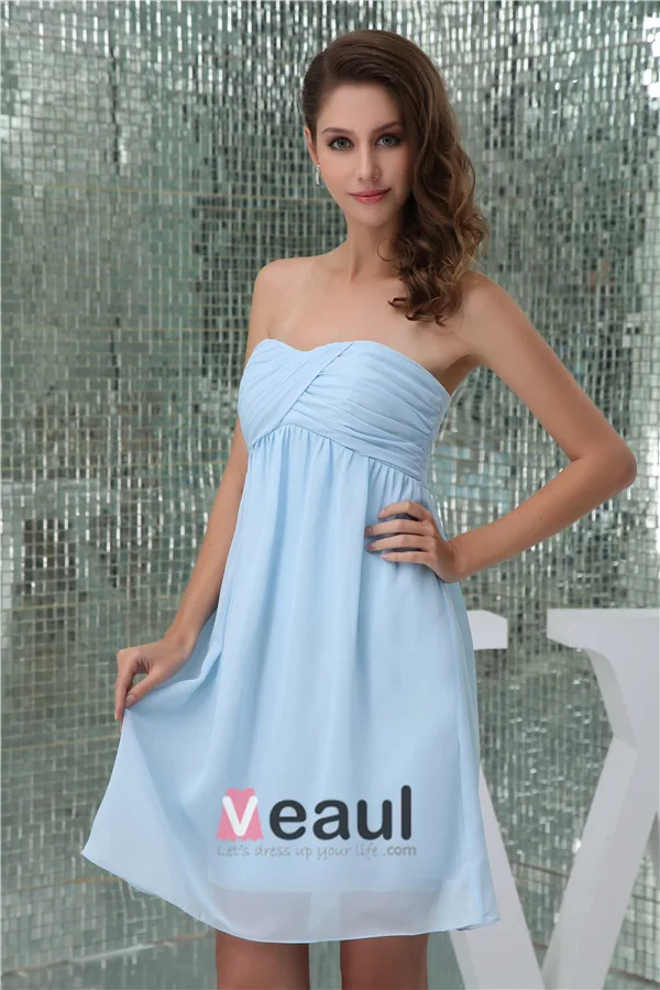 Sjarmerende Kjæreste Plissert Blå Kort Brudepikekjoler Til Bryllup