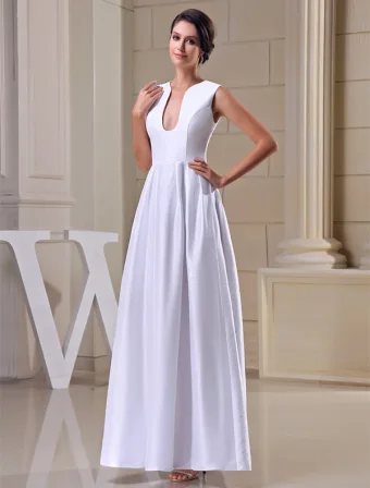 Unique A Line Shoulders U Neck White Satin Long Evening Dress