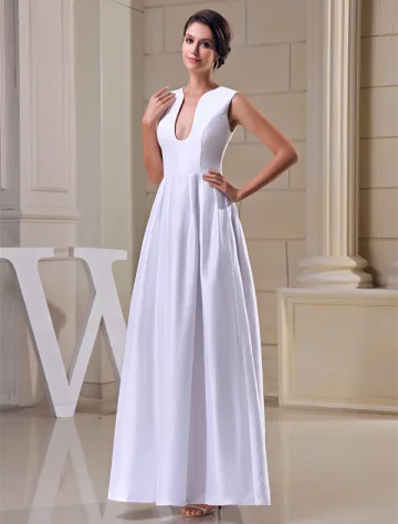 Uniques A Ligne Épaules U Cou Satin Blanc Longue Robe De Soirée