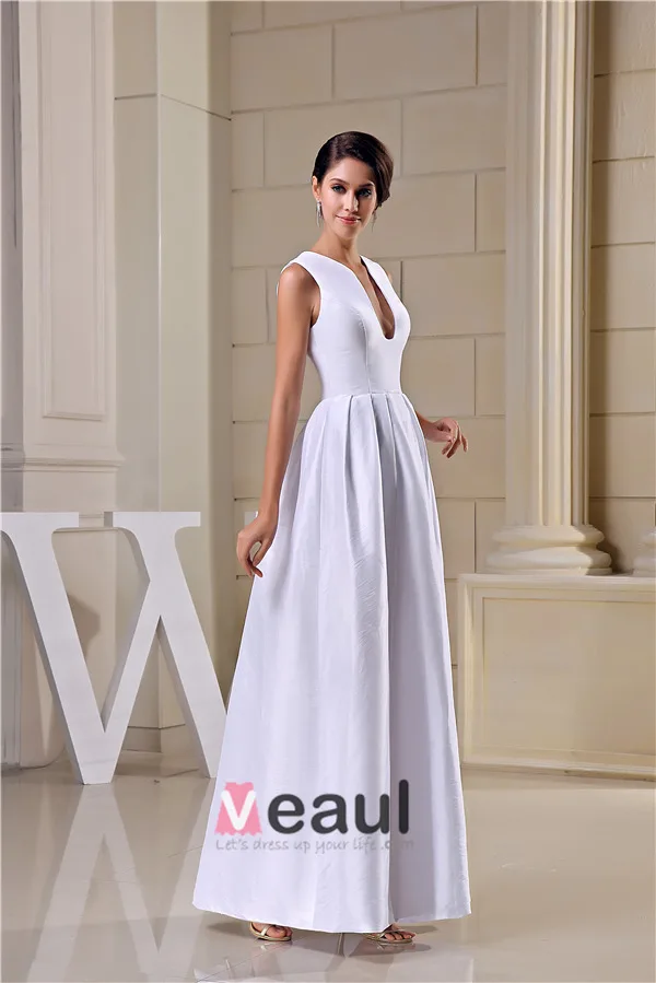 Unique A-line Shoulders U-neck White Satin Long Evening Dress