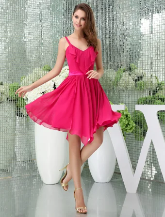 2015 Cute V Neck Spaghetti Straps Sash Cocktail Dress