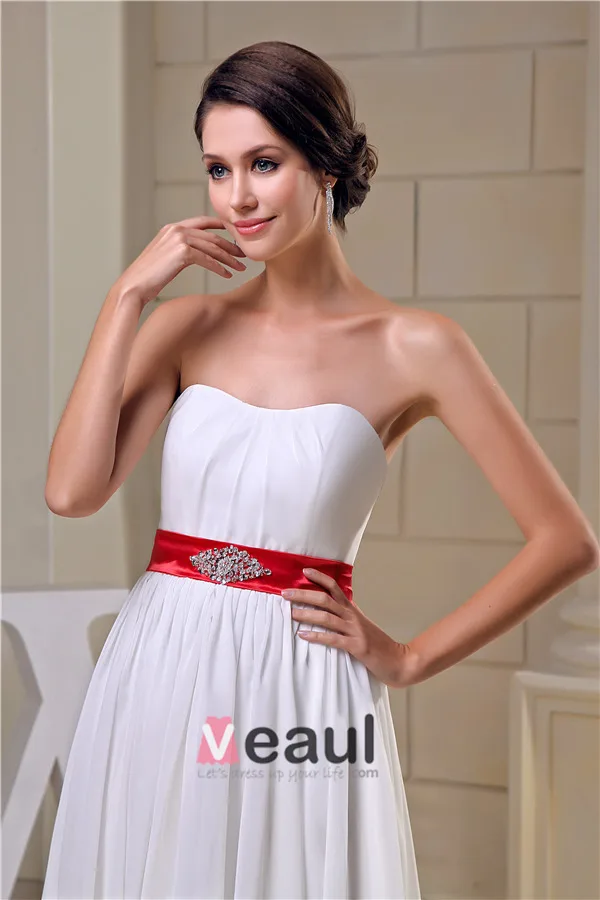 2015 Simple Empire Wedding Dress Floor Length Bridal Gown With Red Sash