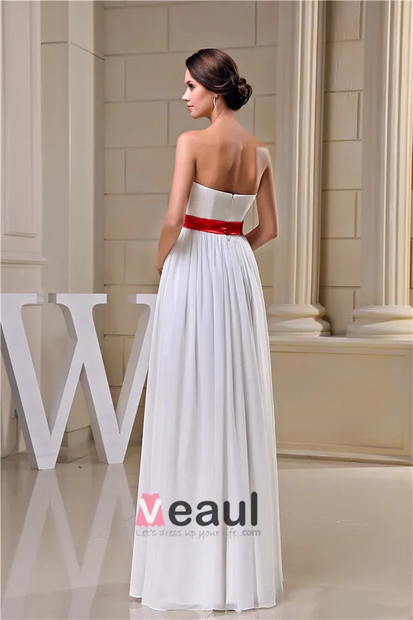 2015 Simple Empire Wedding Dress Floor Length Bridal Gown With Red Sash