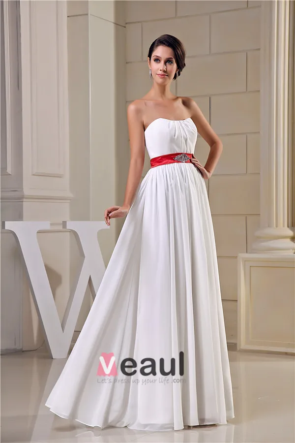2015 Simple Empire Wedding Dress Floor Length Bridal Gown With Red Sash