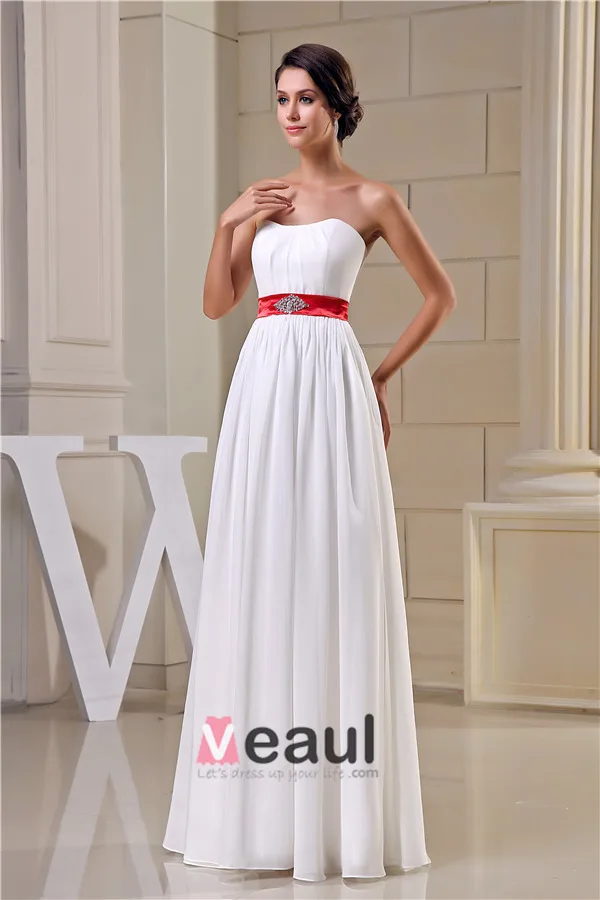 2015 Simple Empire Wedding Dress Floor Length Bridal Gown With Red Sash
