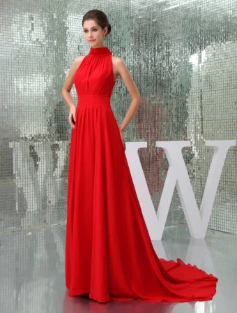 Magnifique Une Ligne Col Haut Sans Manches Chapelle Train Robe De Soirée Rouge