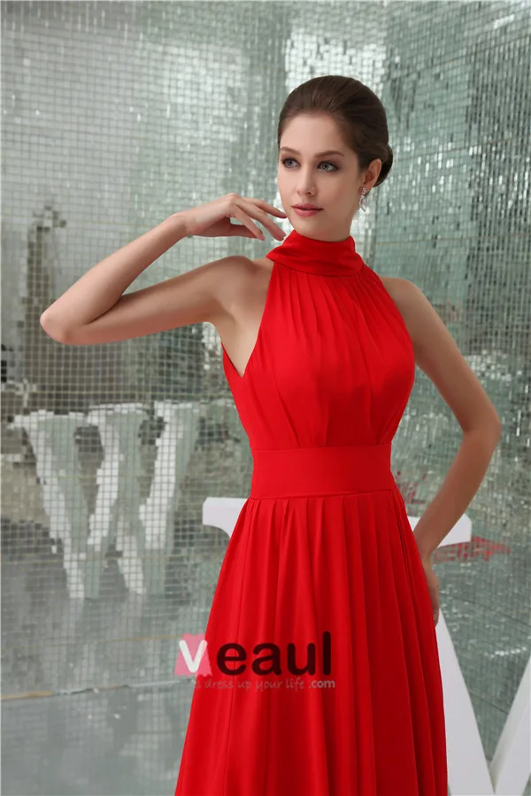 2015 Gorgeous A-line High Neck Sleeveless Chapel Train Red Evening Dress