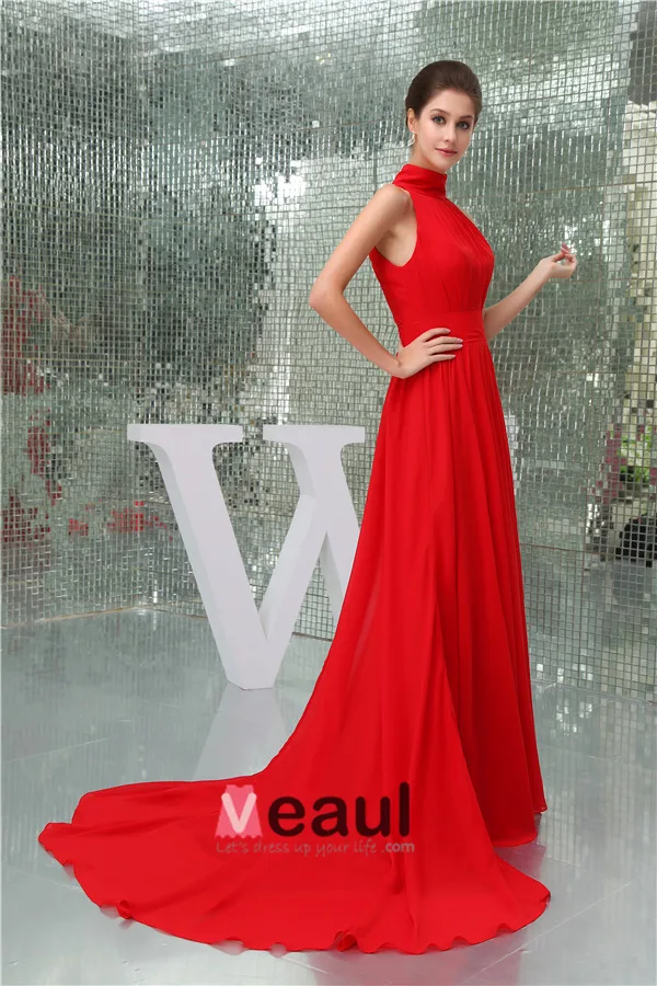 2015 Gorgeous A-line High Neck Sleeveless Chapel Train Red Evening Dress
