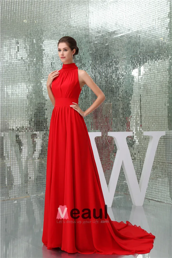 2015 Gorgeous A-line High Neck Sleeveless Chapel Train Red Evening Dress