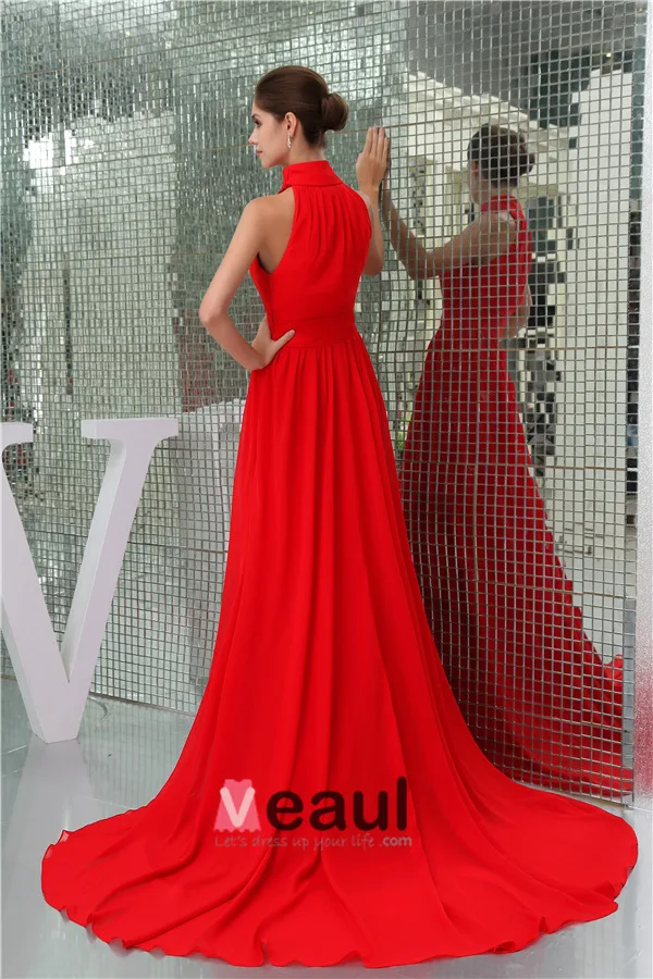 2015 Gorgeous A-line High Neck Sleeveless Chapel Train Red Evening Dress