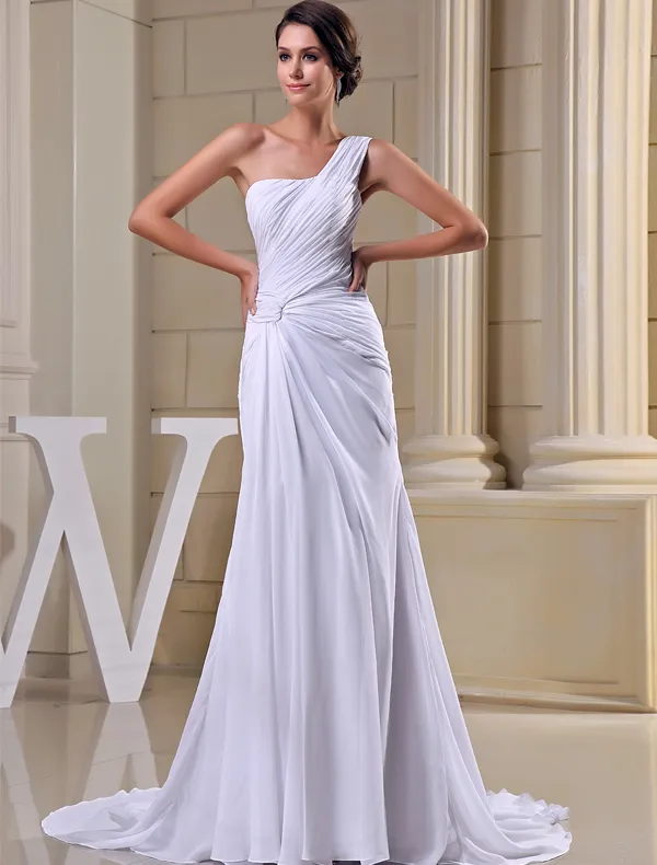 One-shoulder Sheath Simple Long Bridesmaid Dresses With Pleats