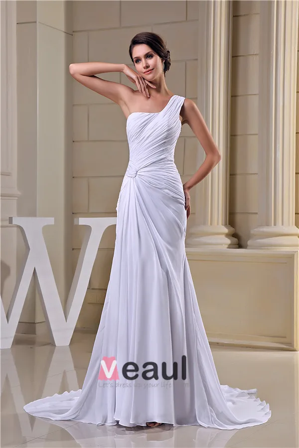 2015 Simple Sheath One Shoulder Pleated Sweep Train Wedding Dress Bridal Gown