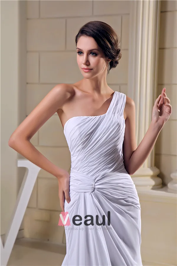 2015 Simple Sheath One Shoulder Pleated Sweep Train Wedding Dress Bridal Gown