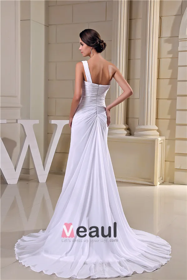 2015 Simple Sheath One Shoulder Pleated Sweep Train Wedding Dress Bridal Gown