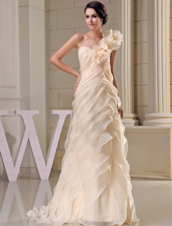 2015 Unique A Line One Shoulder Champagne Bridal Gown Cascading Ruffles Handmade Flower Wedding Dress