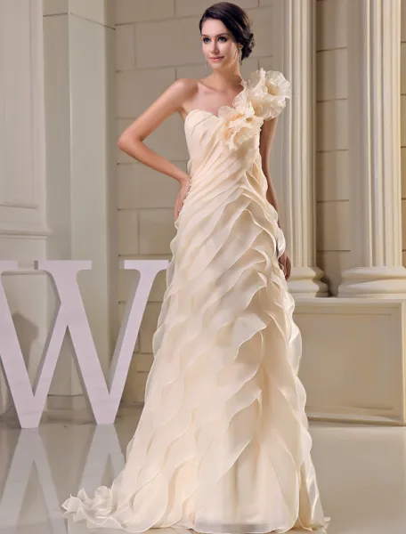 2015 Unique A-line One Shoulder Champagne Bridal Gown Cascading Ruffles Handmade Flower Wedding Dress