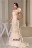 2015 Unique A-line One Shoulder Champagne Bridal Gown Cascading Ruffles Handmade Flower Wedding Dress