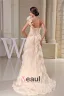 2015 Unique A-line One Shoulder Champagne Bridal Gown Cascading Ruffles Handmade Flower Wedding Dress