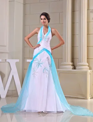 Licol Unique Gaine Plissée Perles Balayage Robe De Bal De Train