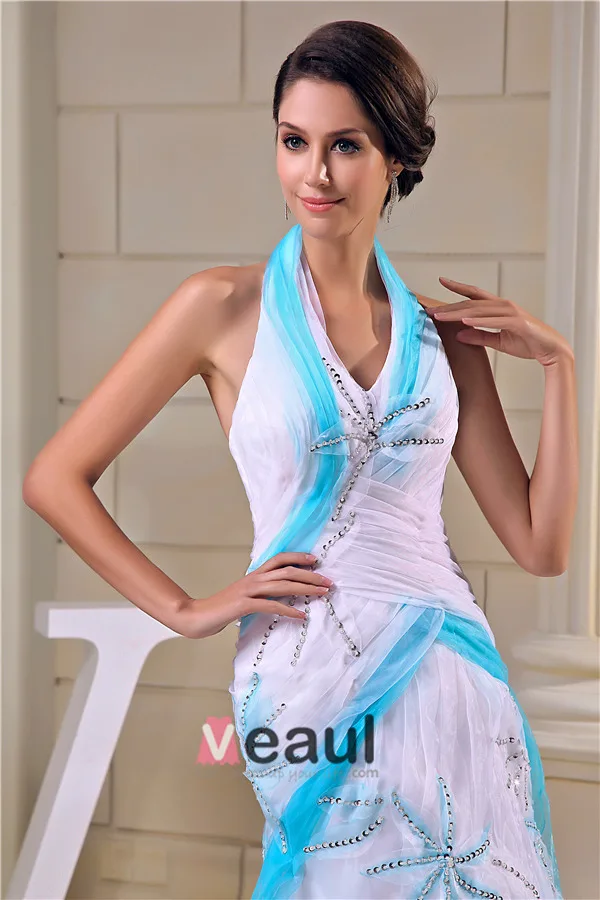 2015 Unique Sheath Halter Pleated Beading Sweep Train Prom Dress