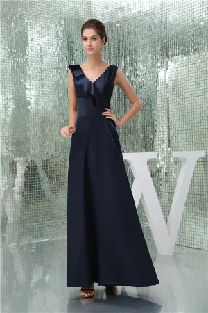 2015 Elegant A Line V Neck Shoulders Ruffle Long Bridesmaid Dress