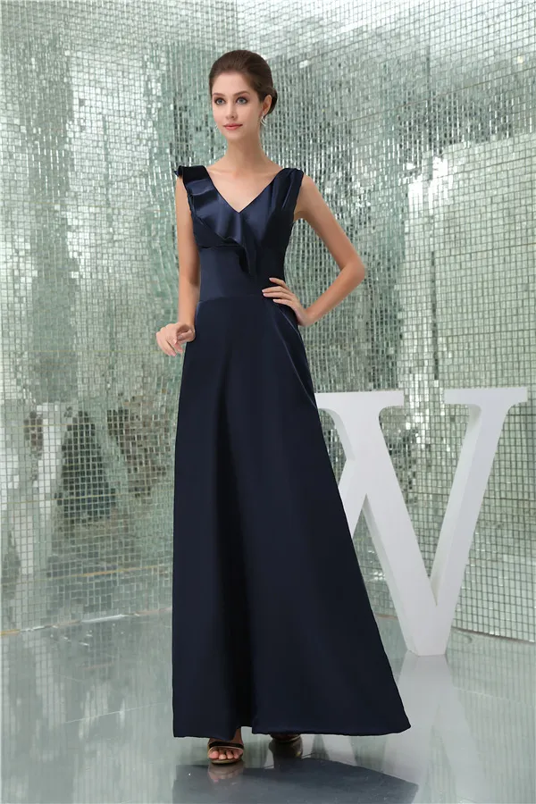 2015 Elegant A-line V-neck Shoulders Ruffle Long Bridesmaid Dress