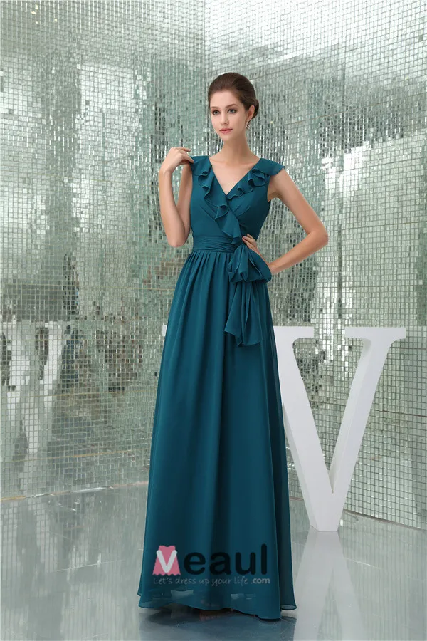 2015 Charming A-line V-neck Ruffle Shoulders Pleated Sash Long Bridesmaid Dress Wedding Guest Dresses