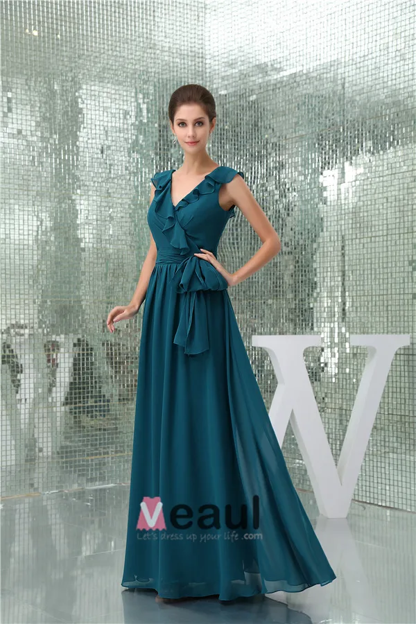 2015 Charming A-line V-neck Ruffle Shoulders Pleated Sash Long Bridesmaid Dress Wedding Guest Dresses