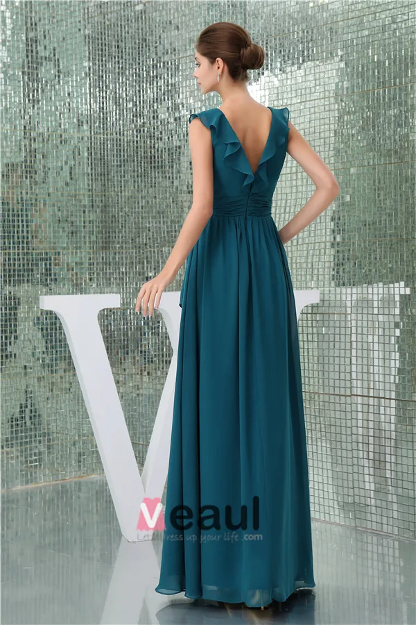 2015 Charming A-line V-neck Ruffle Shoulders Pleated Sash Long Bridesmaid Dress Wedding Guest Dresses