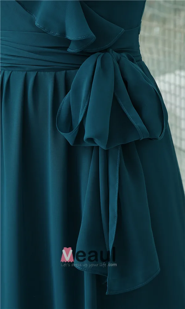 2015 Charming A-line V-neck Ruffle Shoulders Pleated Sash Long Bridesmaid Dress Wedding Guest Dresses