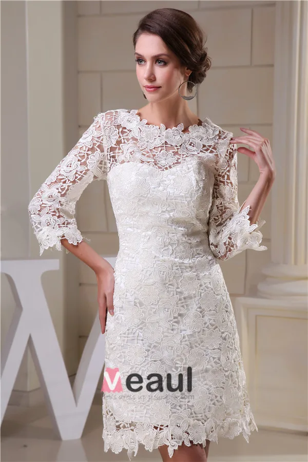 Charming A-line 3/4 Sleeves Pierced Lace Short Wedding Dress Bridal Gown