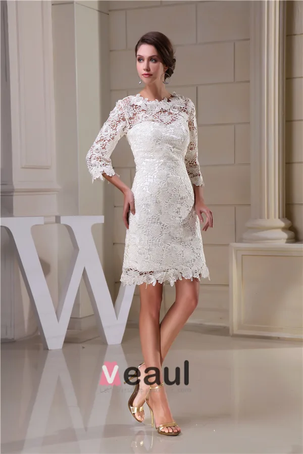 Charming A-line 3/4 Sleeves Pierced Lace Short Wedding Dress Bridal Gown