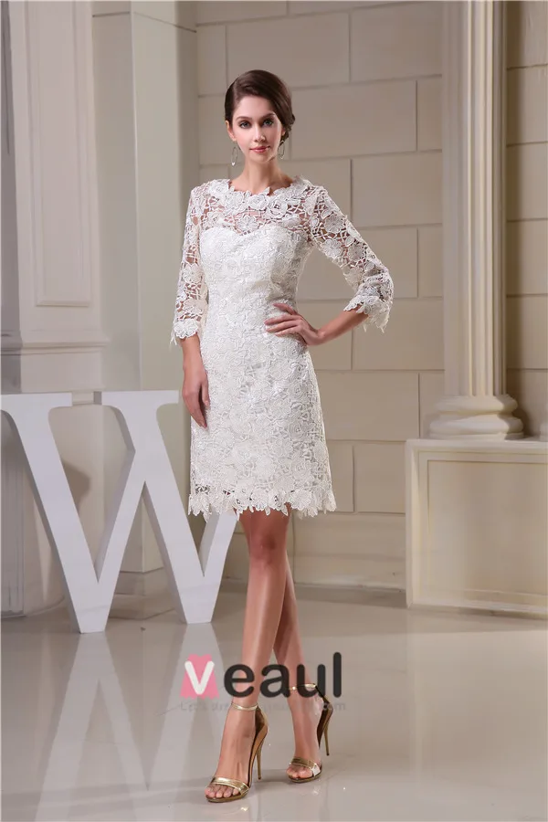 Charming A Line 3 4 Sleeves Pierced Lace Short Wedding Dress Bridal Gown