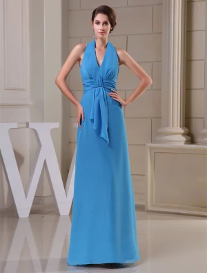 2015 Simple Empire V Neck Halter Sash Long Bridesmaid Dress